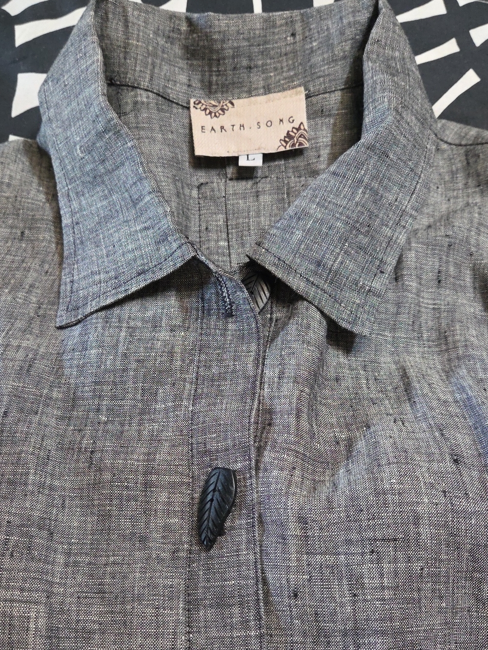 Earth Song Gray Linen-Blend Button Front Dress, Roll Up Sleeves, Split Hem-NWOT